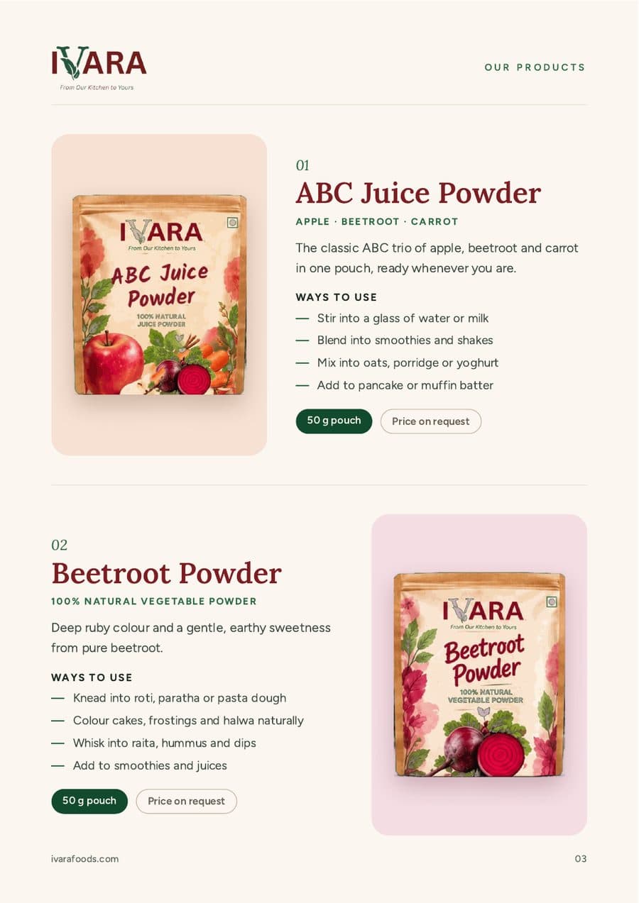 Catalogue page 3: ABC Juice Powder and Beetroot Powder